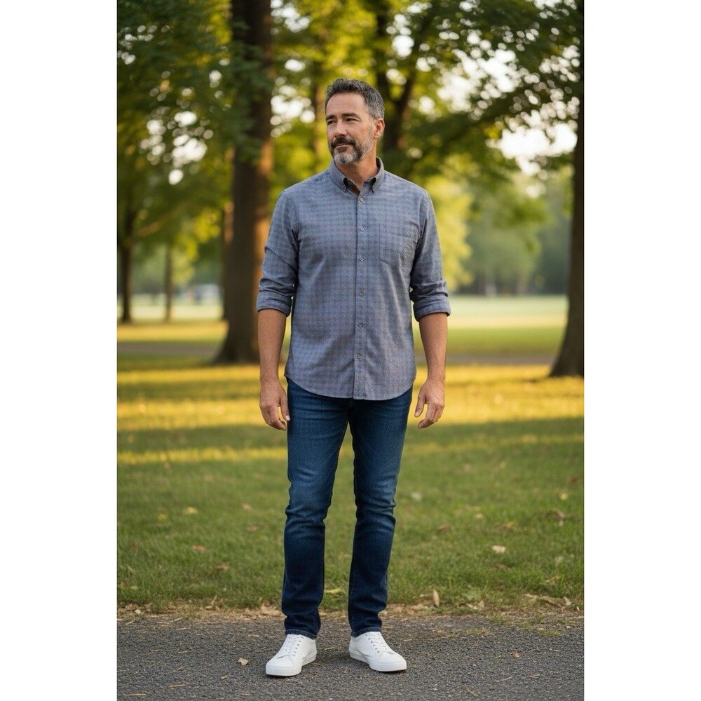 Carbon 2 Cobalt Men's L Button Up Long Sleeve Brown Blue Plaid Grunge Casual